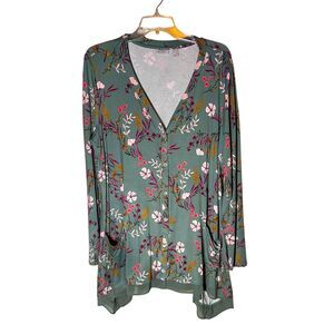 LOGO by Lori Goldstein Women Printed Knit Cardigan Medium Green Floral V-Neck Lr